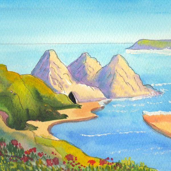 Three Cliffs Bay, Gower, Wales, Original Watercolour, In 14 x 11 '' Mount