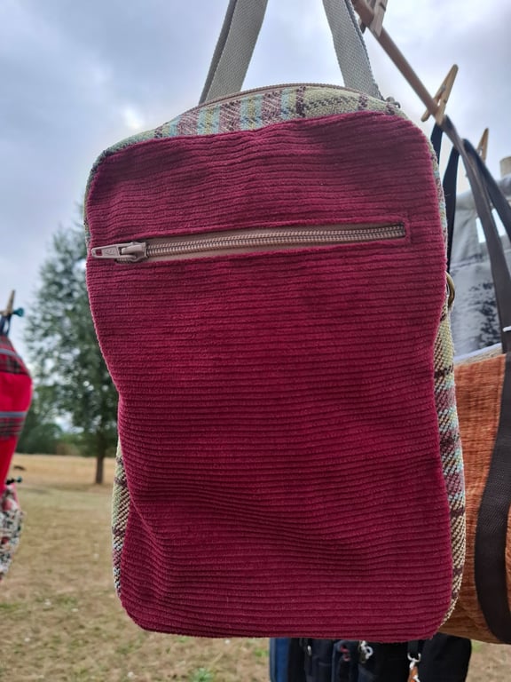 Cherry corduroy and plaid bag