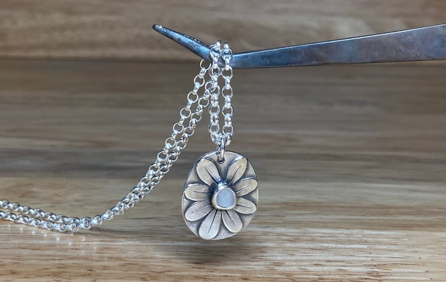 Handmade fine & sterling silver flower pendant with welsh sea-glass & chain