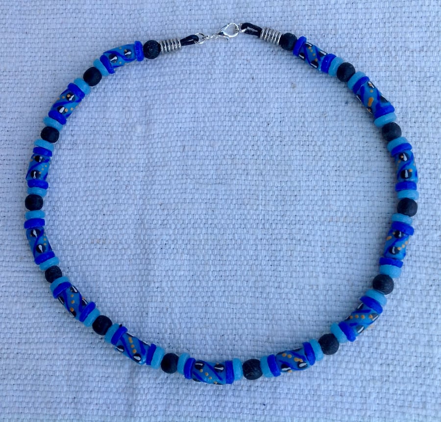 18" unisex blue and black African recycled bottle beads necklace