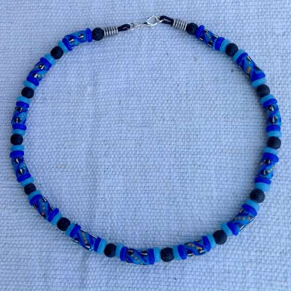 18" unisex blue and black African recycled bottle beads necklace