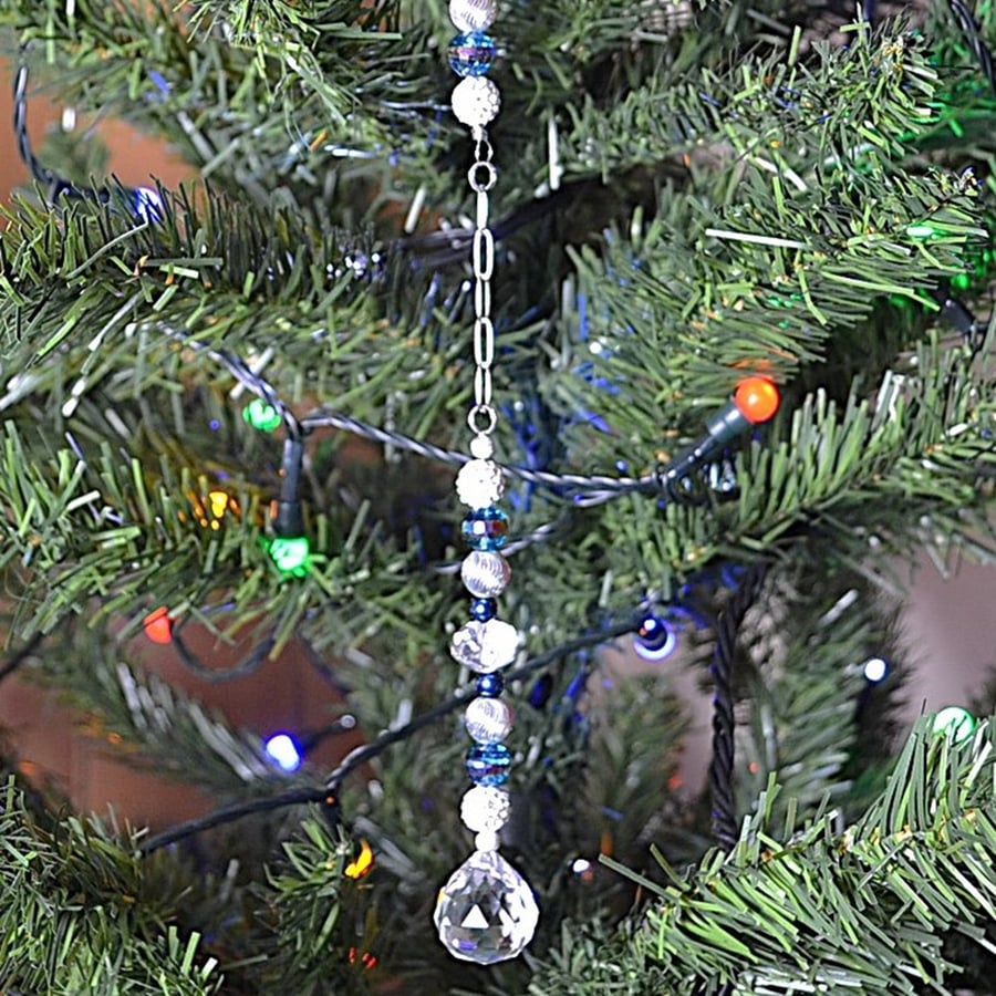 Suncatcher – Blue and Silver with Shamballa Beads, Chain, and Crystal Drop
