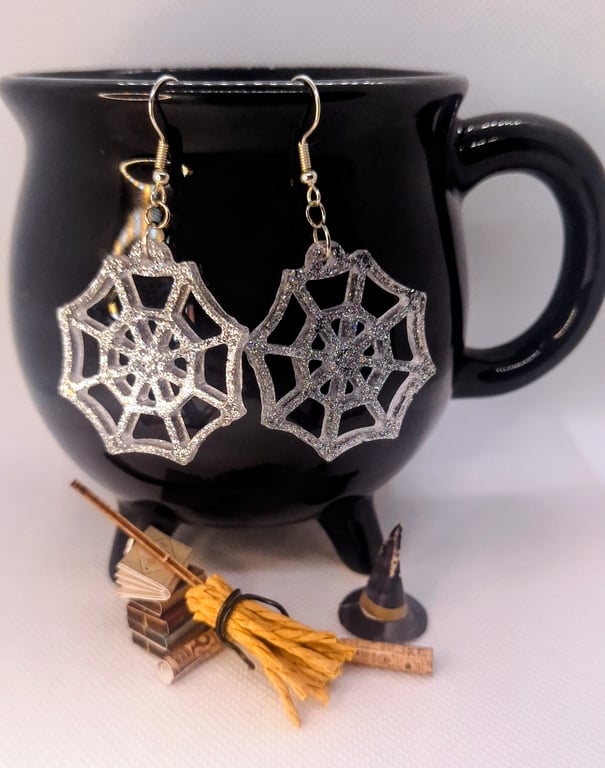Halloween Glitter Silver Cobweb Earrings