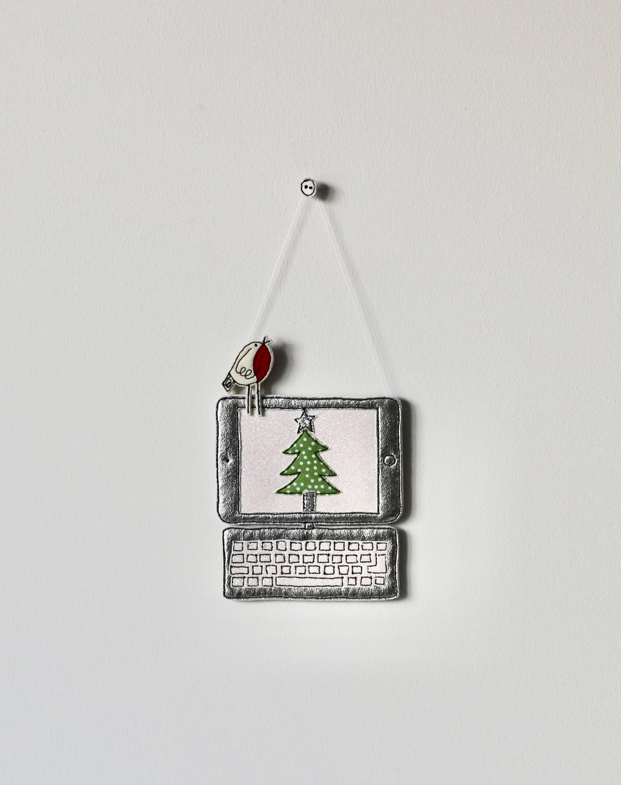 'Tablet and Keypad with a Robin' - Hanging Decoration