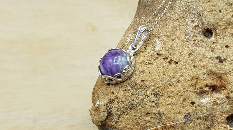 Tiny Charoite pendant necklace. Purple Reiki jewelry. Flower and leaf edging