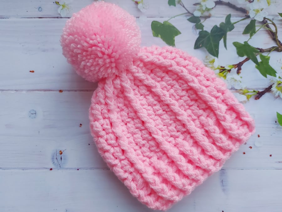 0-3 Months Chunky Pom Pom Crochet Baby Hat in Pink - Ready to Post