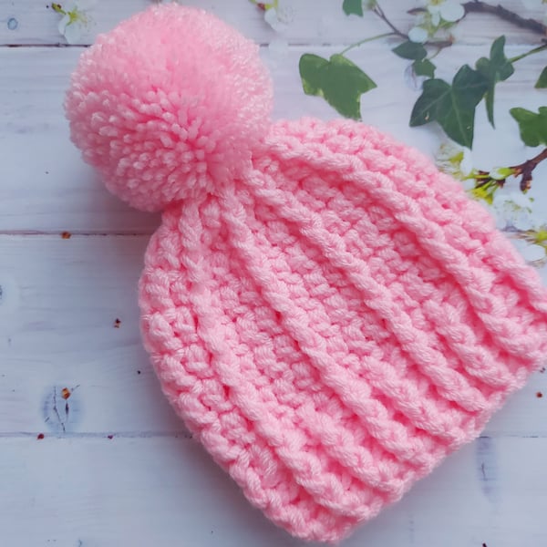 0-3 Months Chunky Pom Pom Crochet Baby Hat in Pink - Ready to Post
