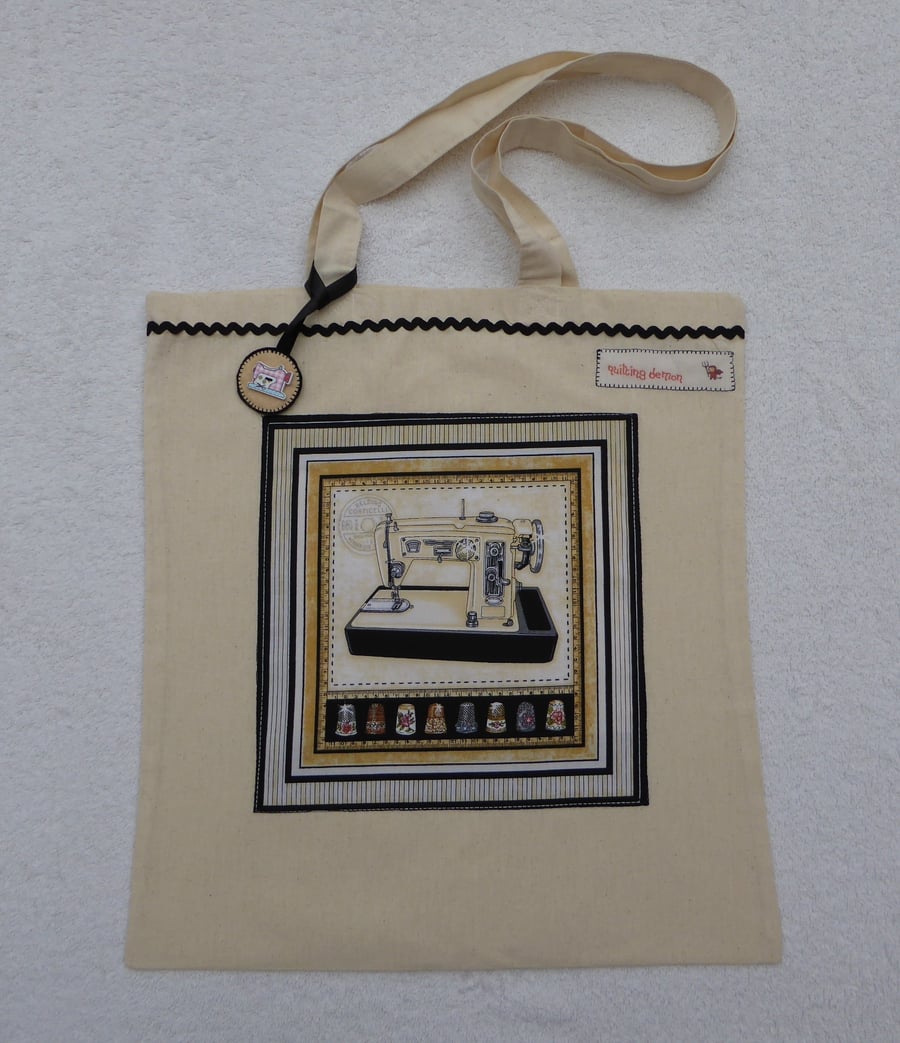 Cotton Canvas Bag with Sewing Machine Applique Panel and Bag Charm. Thimbles.