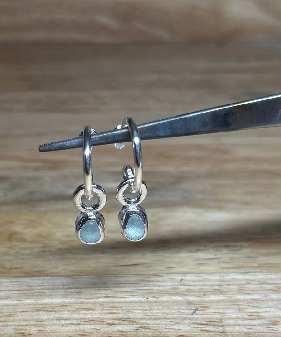 Handmade Solid Sterling Silver Hoops with Aqua Sea Glass