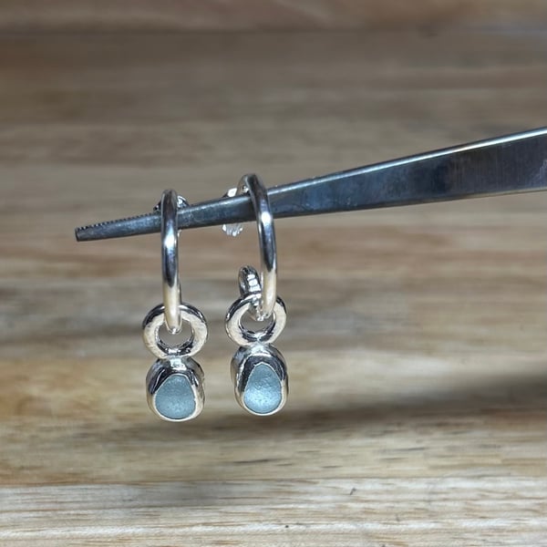 Handmade Solid Sterling Silver Hoops with Aqua Sea Glass