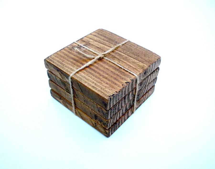 Chunky Wooden Rustic Coasters. Set of 4. Rustic Brown Wax