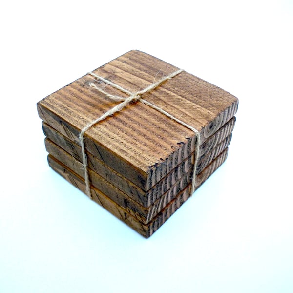 Chunky Wooden Rustic Coasters. Set of 4. Rustic Brown Wax