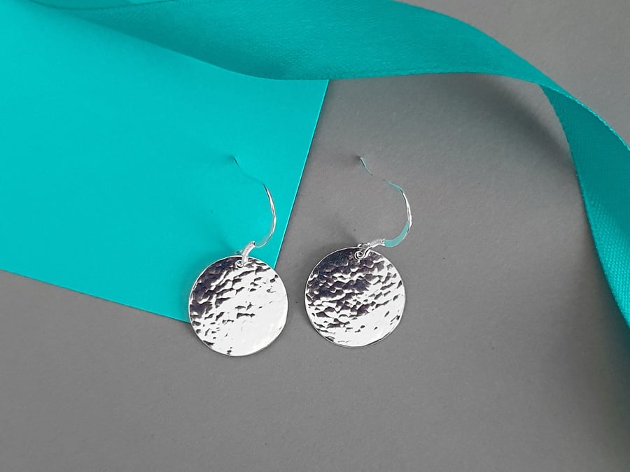 Sterling Silver Disc Earrings - Handmade hammered round dangle earrings