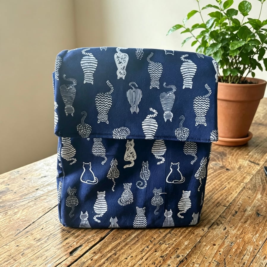 White Cat on Navy  Handmade Insulated Lunch bag 