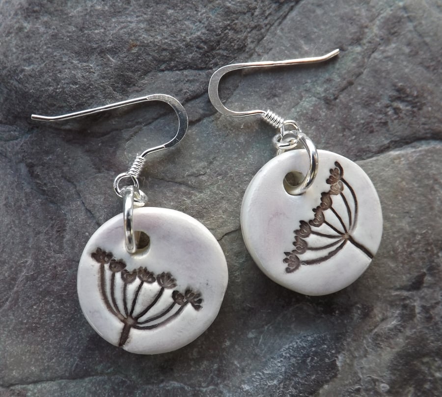Cow Parsley ceramic and sterling silver drop earrings in brown and pale mauve