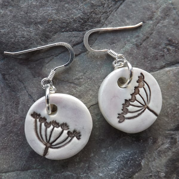 Cow Parsley ceramic and sterling silver drop earrings in brown and pale mauve