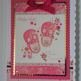 New Baby Girl Card Pink Booties Shoes Flowers Tiny Toes 3D Luxury Handmade Card