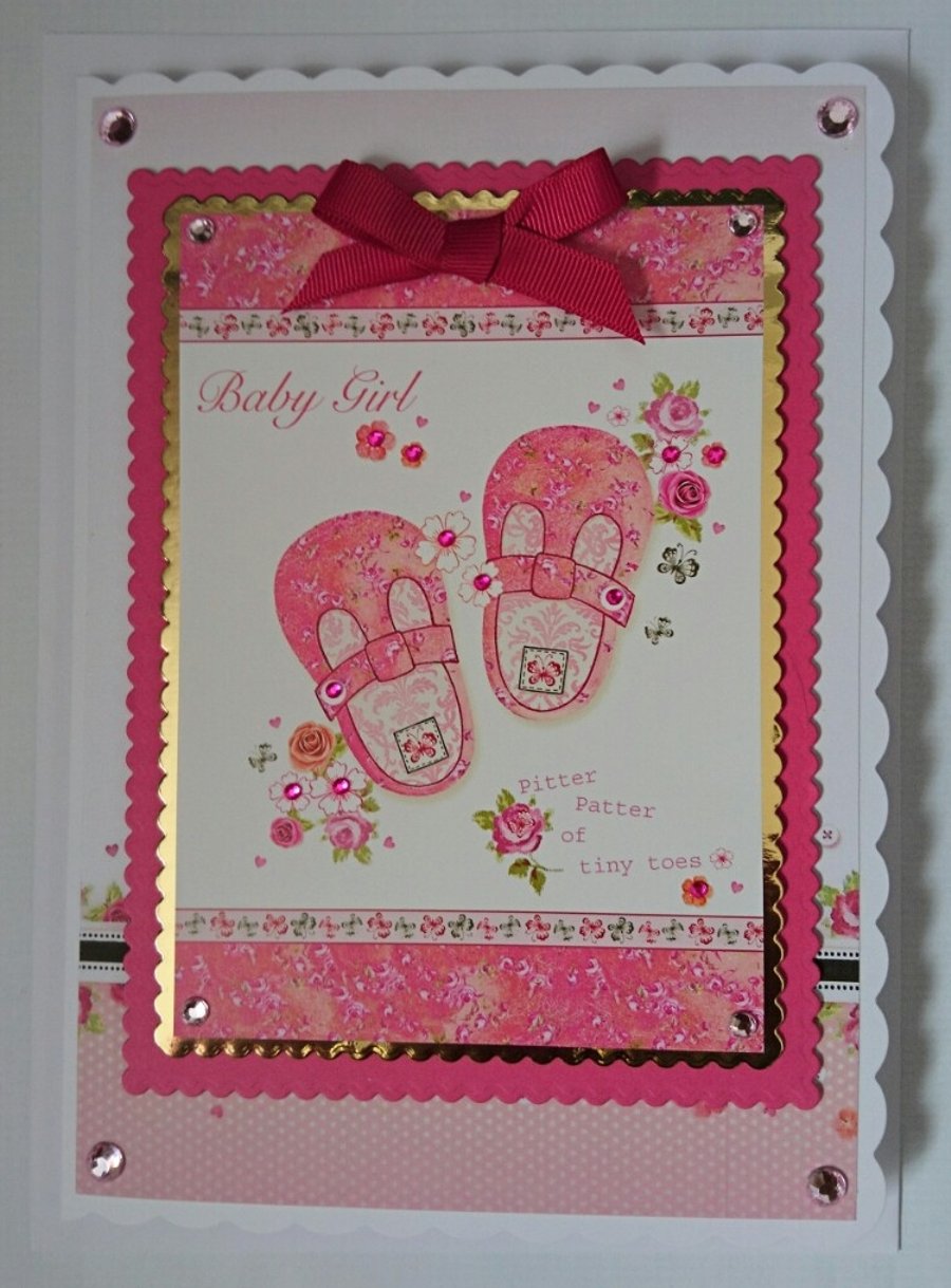 New Baby Girl Card Pink Booties Shoes Flowers Tiny Toes 3D Luxury Handmade Card