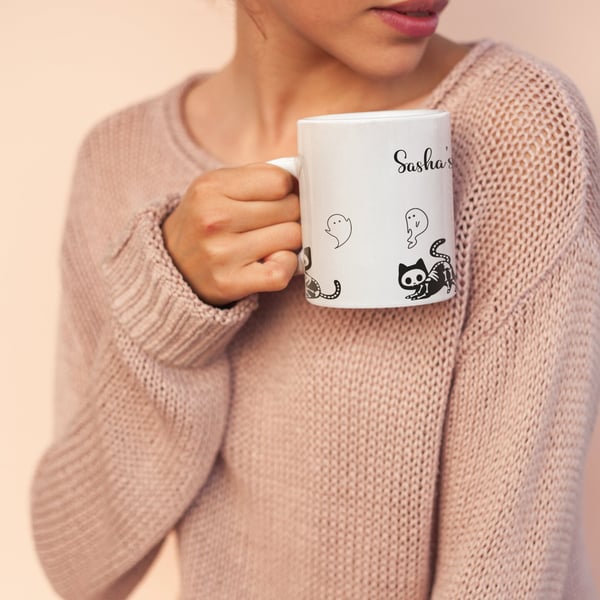 Personalised Cat Skelton and ghost Halloween Mug - Spooky Season - Name