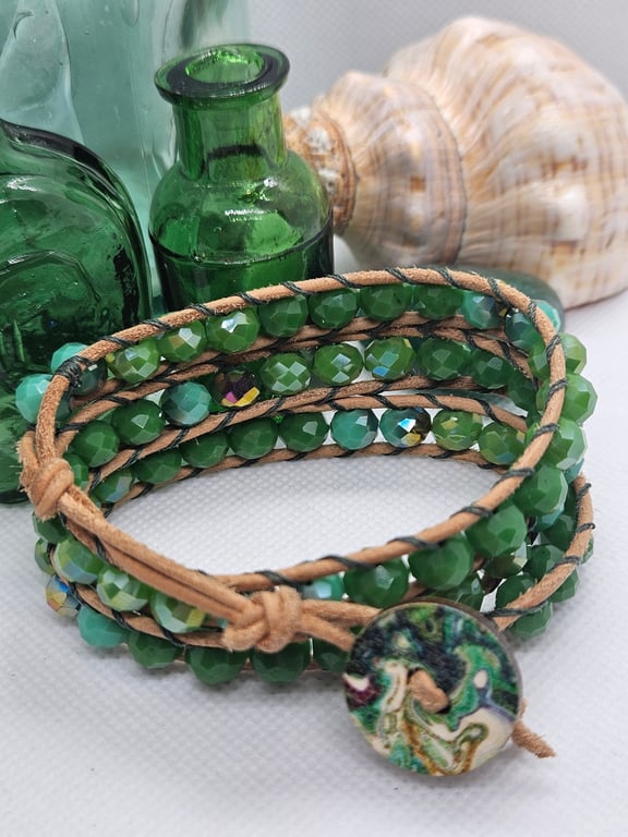 Green leather wrap Boho bracelet triple wrap with green pattern closure