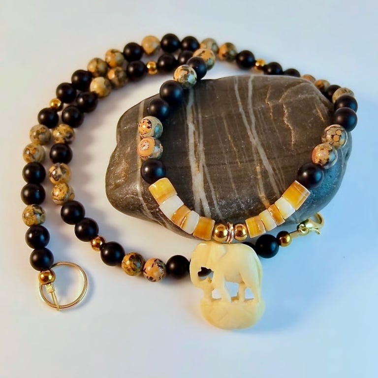 Elephant Pendant, Jasper, Onyx & Shell, Unisex Necklace, Fathers Day, Male Gifts