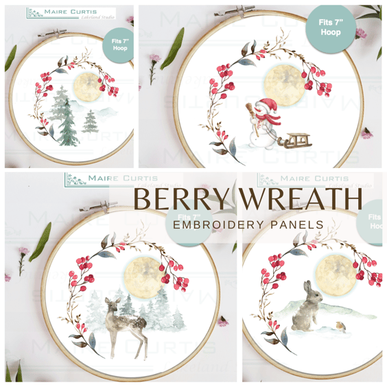 Watercolour Winter Wreath Printed Cotton Linen Panels