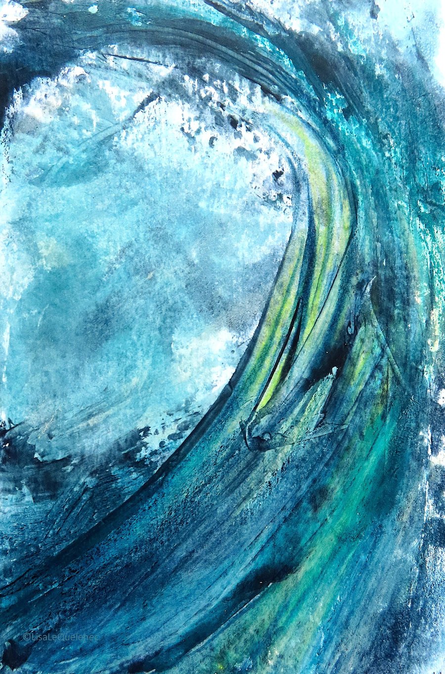 Big storm surf wave monoprint and mixed media semi abstract minimalist art