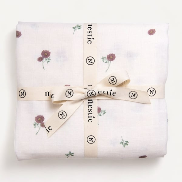 Two Layer Muslin Baby Blanket and Swaddle in our delicate Nestie Meadow Theme.