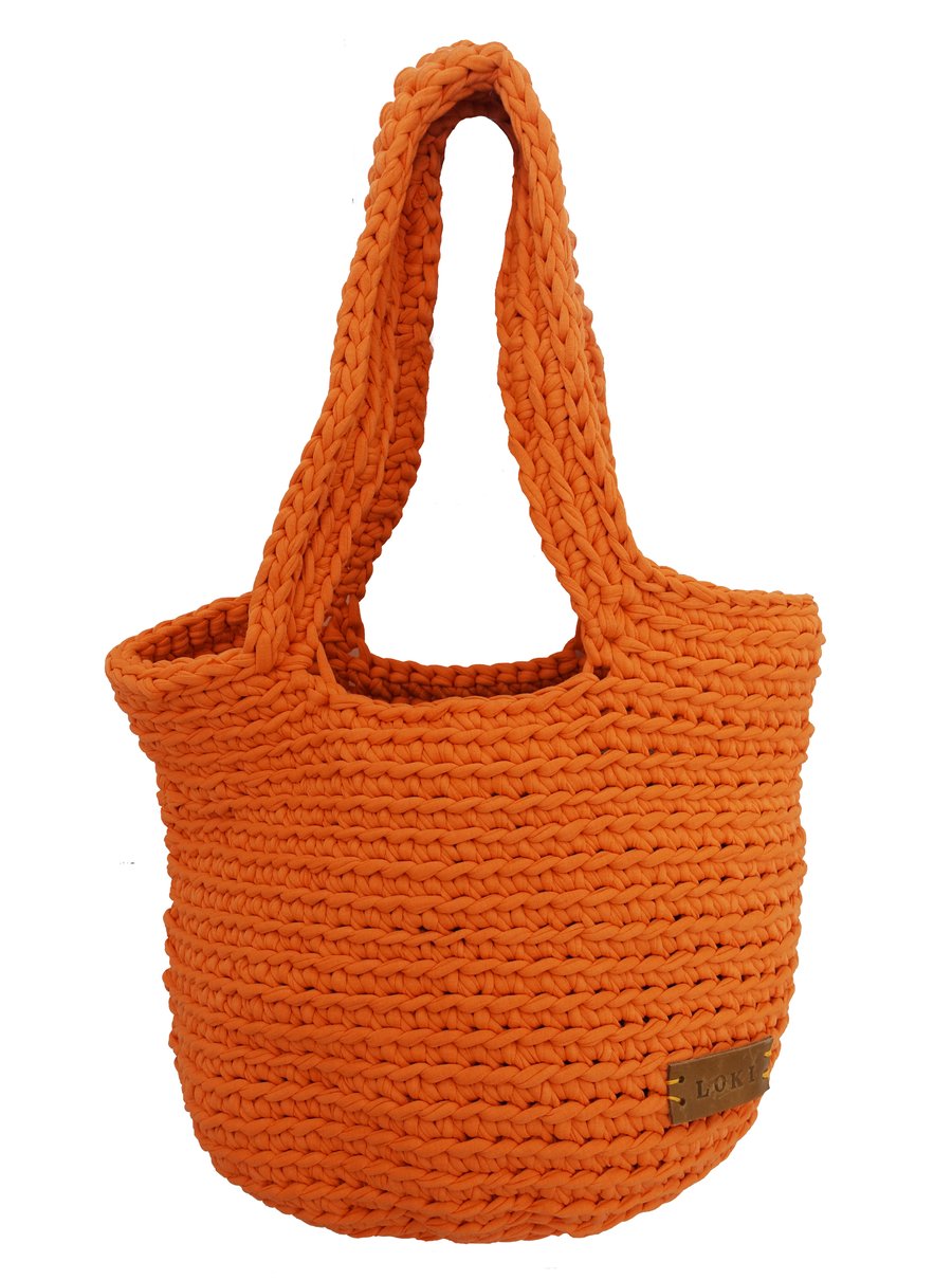 Orange Tote Bag Hand Crochet Cotton Sturdy Teeshirt Yarn