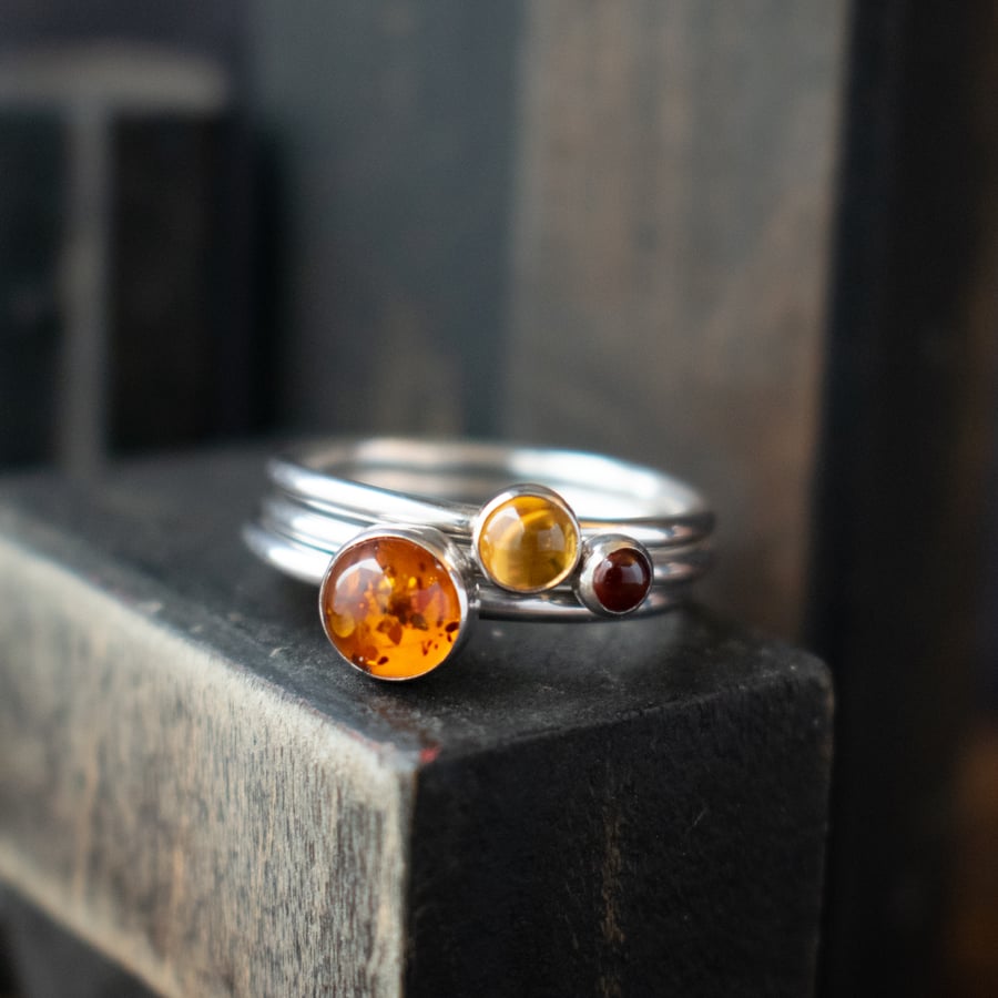 SUNSET Silver Stacking Ring Set - Amber Citrine Garnet Gemstone Rings