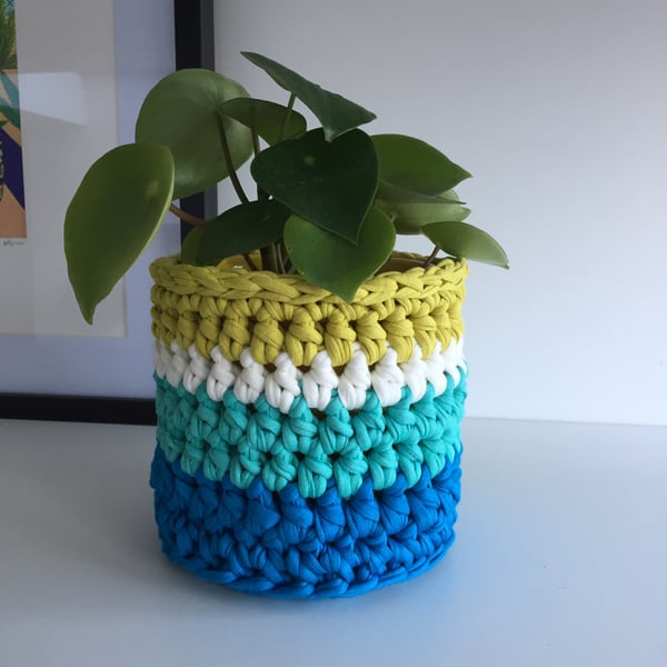 Crochet plant pot cover made with upcycled tshirt yarn - blue small