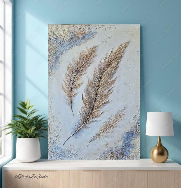 Textured abstract Feather painting,  Gold acrylic canvas art, 12x16 inch