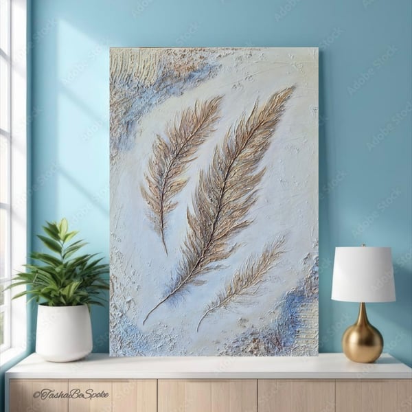 Textured abstract Feather painting,  Gold acrylic canvas art, 12x16 inch