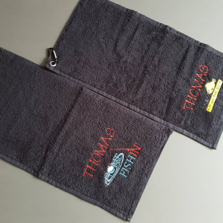 Personalised fishing towel 2 designs & 8 colours to choose from great present Fa