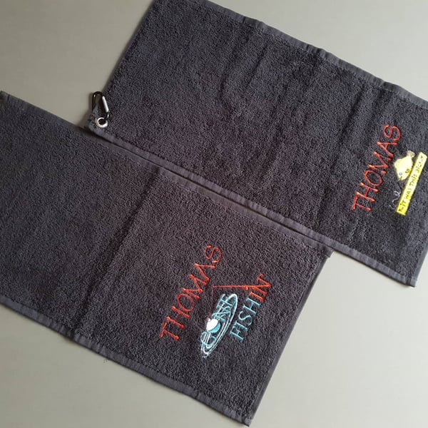 Personalised fishing towel 2 designs & 8 colours to choose from great present Fa