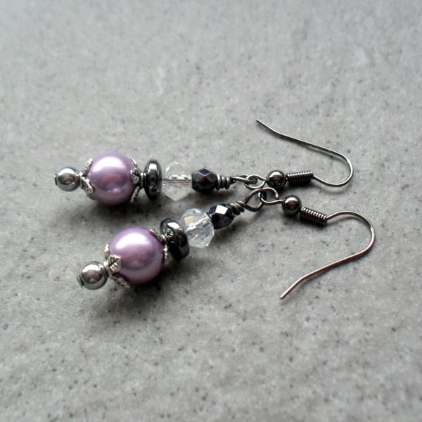 Lilac Shell Pearl and Haematite Black Tone Drop Earrings
