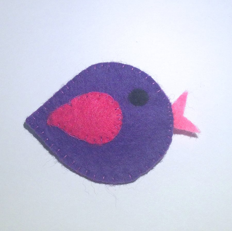 Cute Purple Felt Bird Brooch - UK Free Post