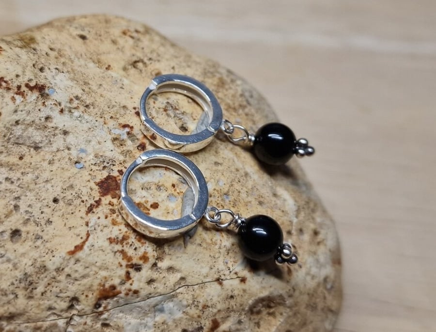 Black jet huggie hoop earrings. Reiki jewelry uk. Sterling silver