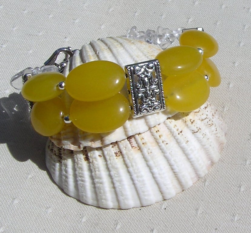 Yellow Jade & Clear Quartz Gemstone Crystal Chunky Bracelet "Sunflower Dew"