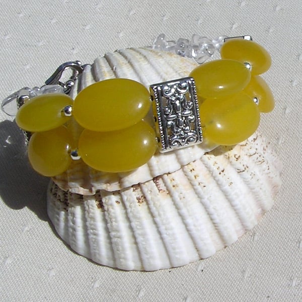 Yellow Jade & Clear Quartz Gemstone Crystal Chunky Bracelet "Sunflower Dew"