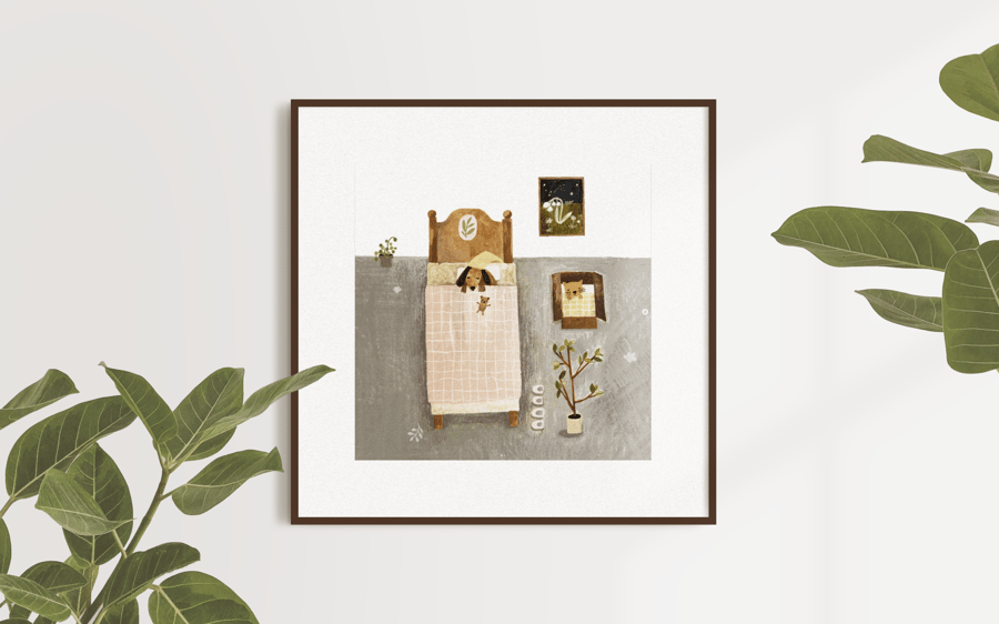 Bedtime Cat and Dog Square Giclee Print 