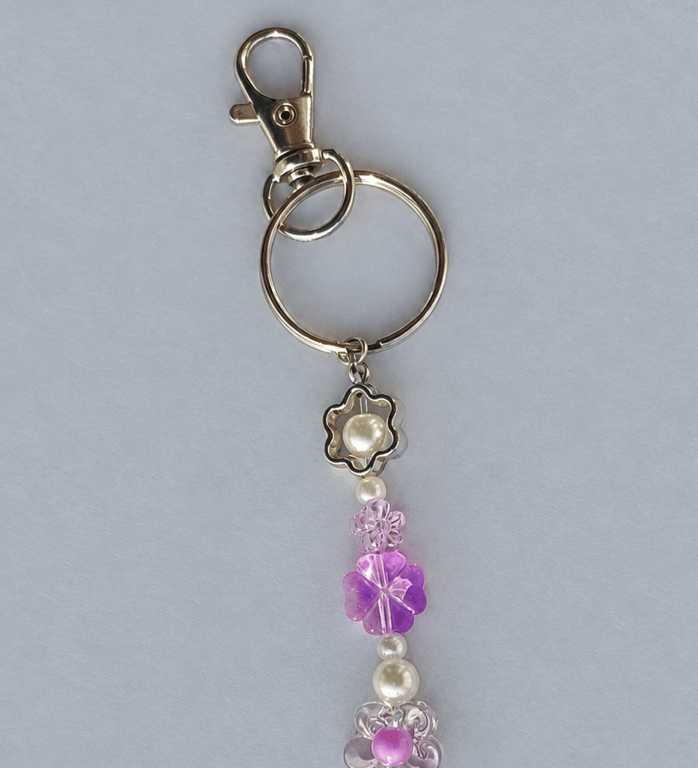 Handmade Silver Pastel Purple Charm Keyring With Pearl Shell, Flower & Clover