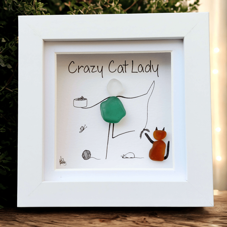 Crazy Cat Lady - Sea Glass Cat Art for Friend, Unique Gift for Cat Lover