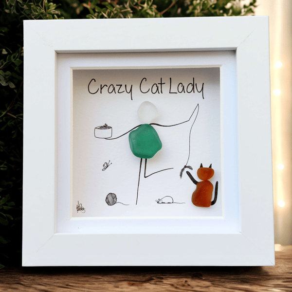 Crazy Cat Lady - Sea Glass Cat Art for Friend, Unique Gift for Cat Lover