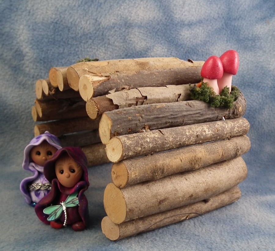 Spring Sale ... Wooden Gnome-Home Shelter with magical toadstools OOAK Sculpt