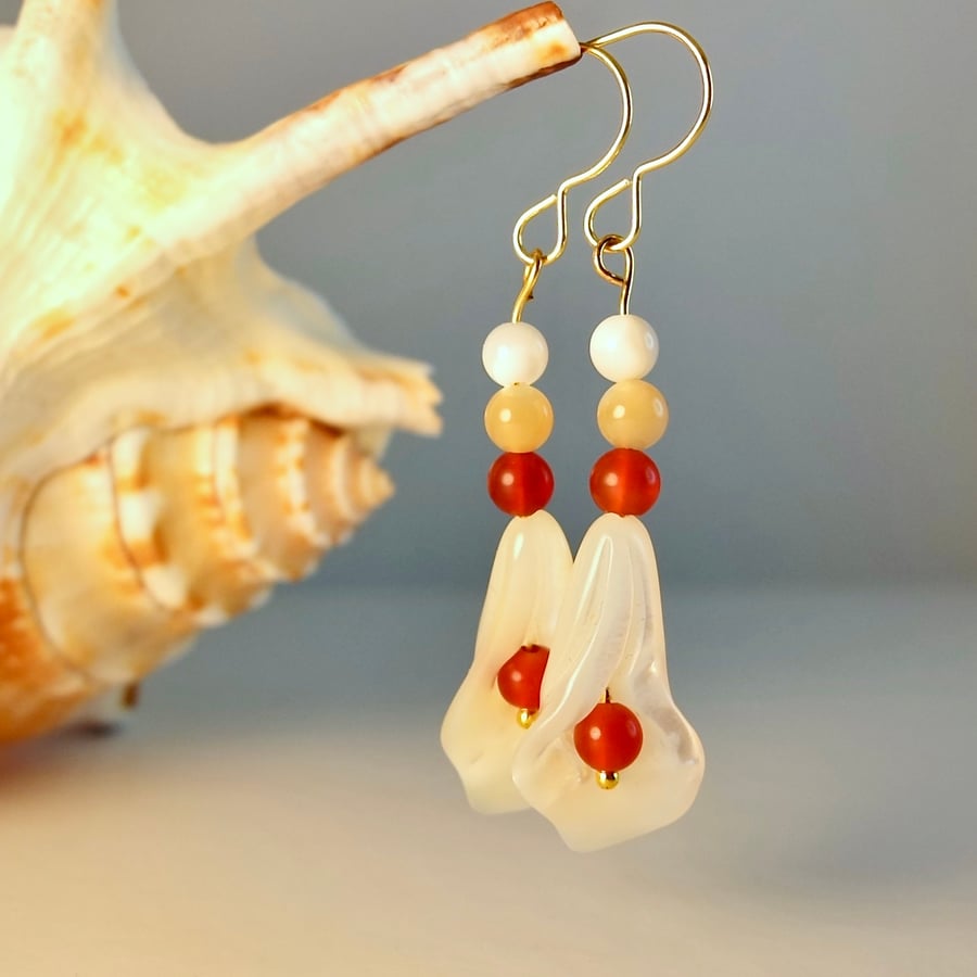 Mother Of Pearl Lily Flower Earrings With Carnelian - Handmade In Devon