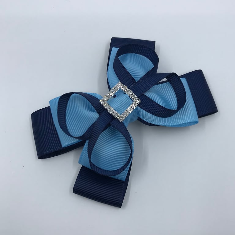 Navy and Light Blue Double Layer Bow with Navy Loops on Clip