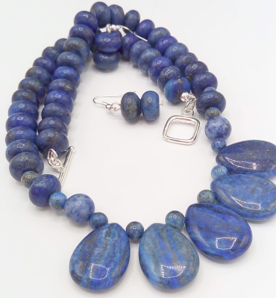 Teardrop Lapis Lazuli and Rondelle Beads Necklace and Earrings Set, Gift for Her