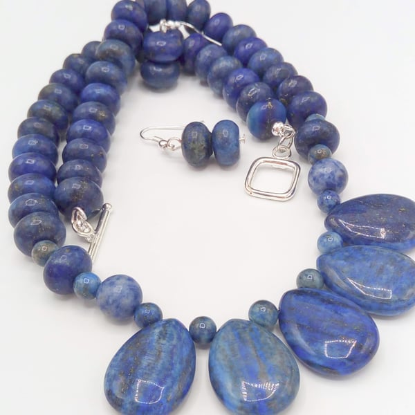 Teardrop Lapis Lazuli and Rondelle Beads Necklace and Earrings Set, Gift for Her