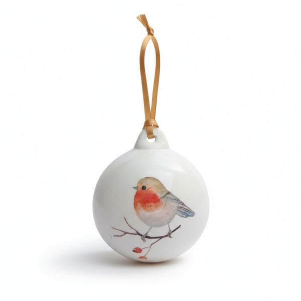 Festive Robin and Berries Ceramic Bauble Christmas Decoration Ornament